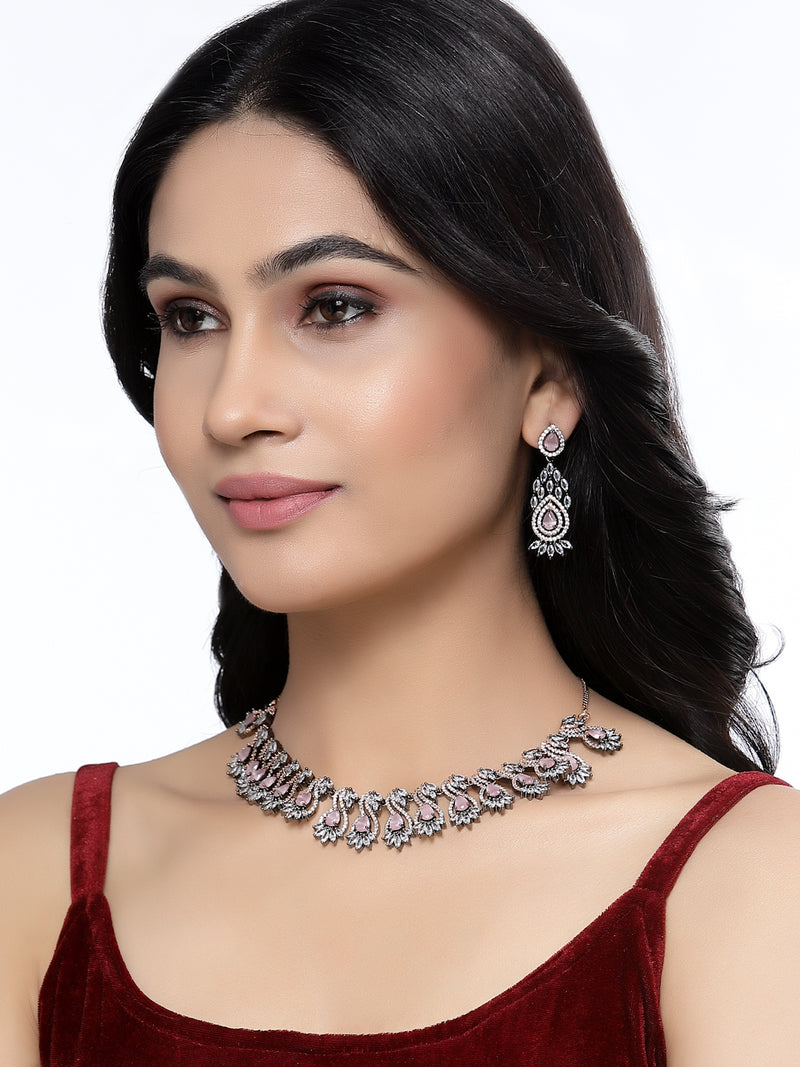 Rose Gold-Plated Gunmetal Toned Pink American Diamond Studded Traditional Touch Necklace & Earrings Jewellery Set