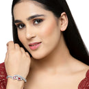 Rhodium-Plated Silver Toned Teardrop & Leaf Shaped Red American Diamond Studded  Kada Bracelet