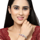 Rhodium-Plated Silver Toned Teardrop & Leaf Shaped Red American Diamond Studded  Kada Bracelet
