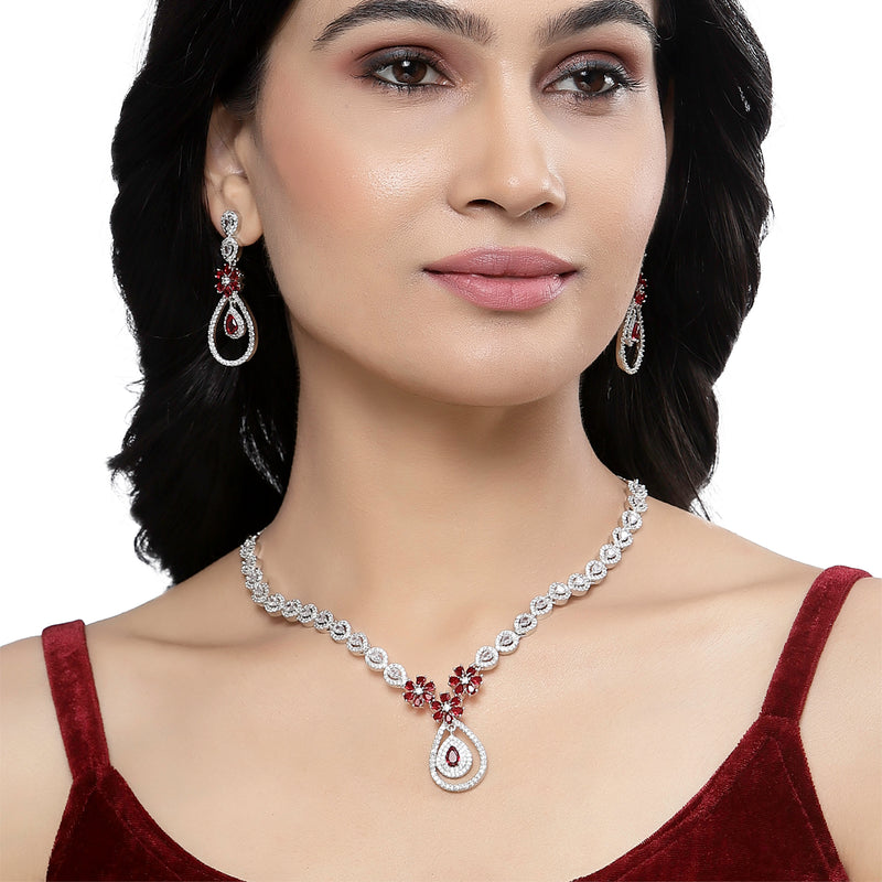 Rhodium-Plated Red American Diamond Studded Teardrop & Floral Shaped Jewellery Set