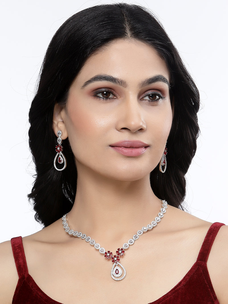 Rhodium-Plated Red American Diamond Studded Teardrop & Floral Shaped Jewellery Set