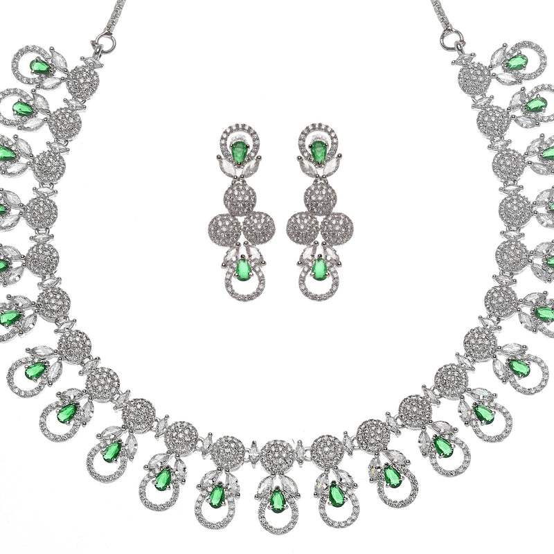 Rhodium-Plated Green American Diamonds Studded Voguish Necklace & Earrings Jewellery Set