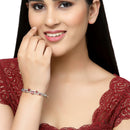 Rhodium-Plated Silver Toned Square Red American Diamond Studded Bracelet