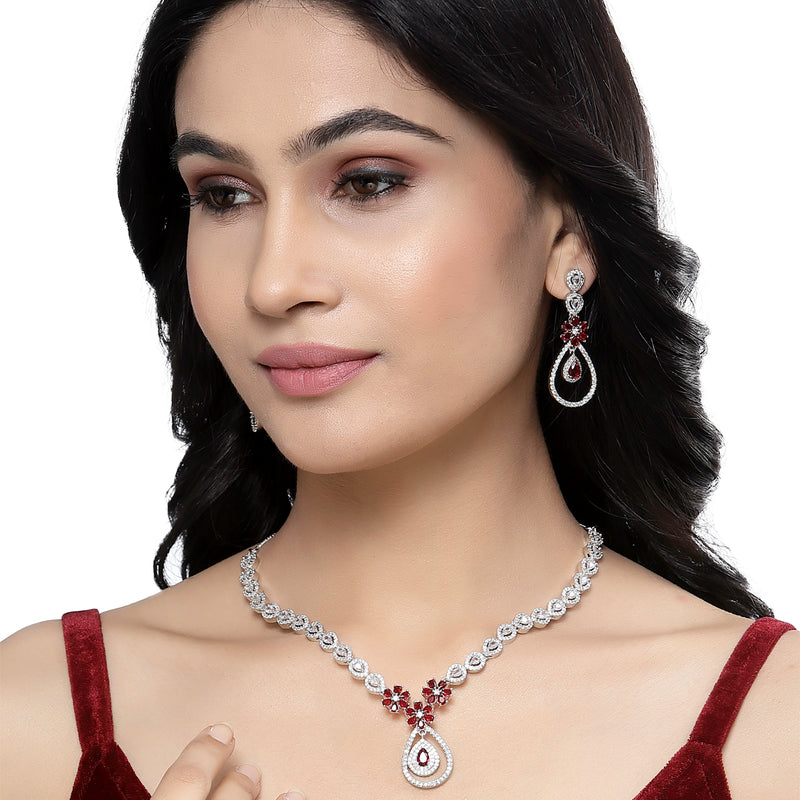 Rhodium-Plated Red American Diamond Studded Teardrop & Floral Shaped Jewellery Set