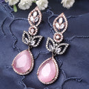 Rose Gold-Plated Gunmetal Toned Pink American Diamond studded Teardrop & Leaf Shaped Drop Earrings