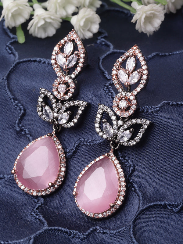 Rose Gold-Plated Gunmetal Toned Pink American Diamond studded Teardrop & Leaf Shaped Drop Earrings