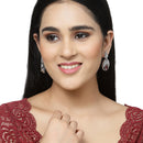 Rhodium-Plated Red & White American Diamond studded Oval Shaped Drop Earrings