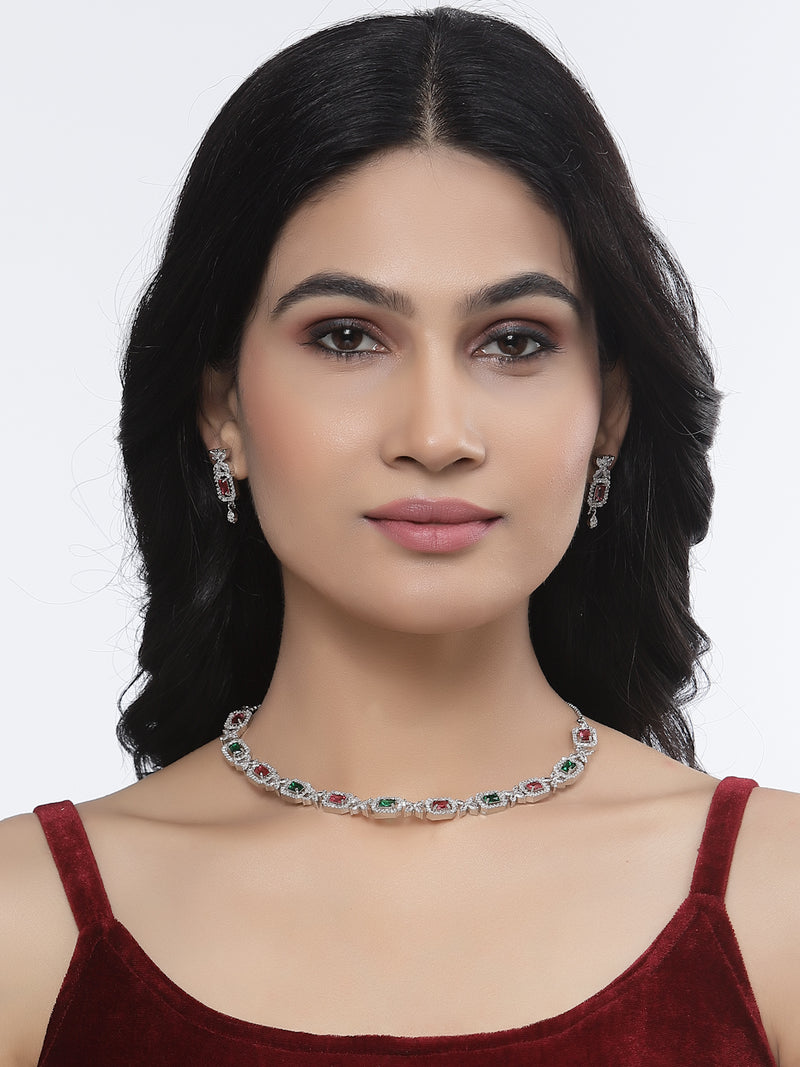 Rhodium-Plated Red & Green American Diamonds Studded Cubical Necklace & Earrings Jewellery Set