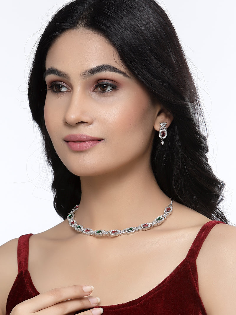 Rhodium-Plated Red & Green American Diamonds Studded Cubical Necklace & Earrings Jewellery Set