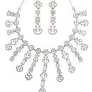 Rhodium-Plated Pink American Diamond Studded Floral Tasselled Necklace & Earrings Jewellery Set