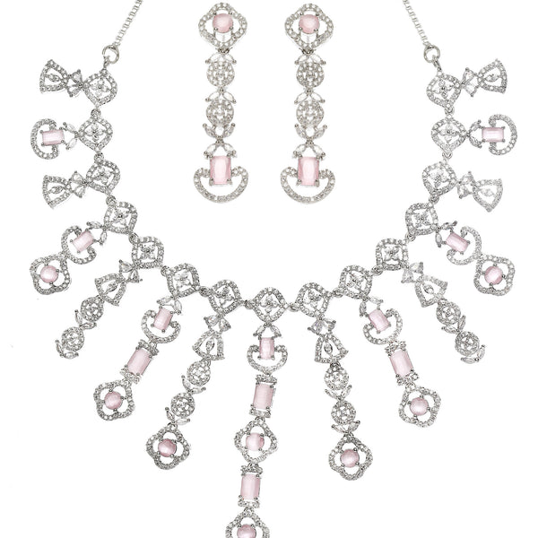 Rhodium-Plated Pink American Diamond Studded Floral Tasselled Necklace & Earrings Jewellery Set