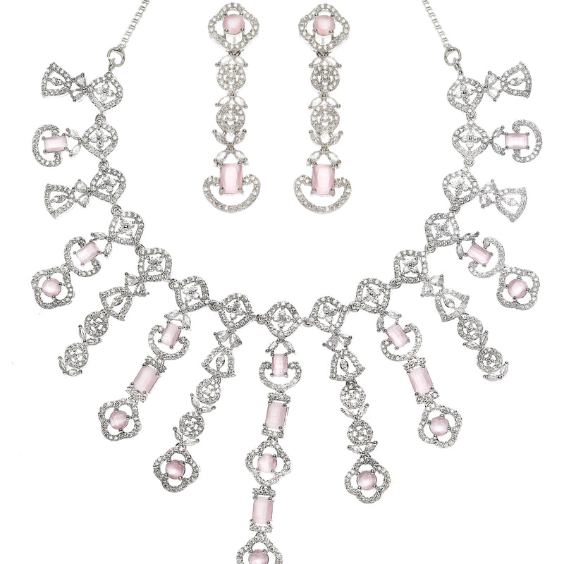 Rhodium-Plated Pink American Diamond Studded Floral Tasselled Necklace & Earrings Jewellery Set