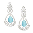 Rhodium-Plated Sky Blue American Diamond studded Teardrop & Leaf Shaped Drop Earrings