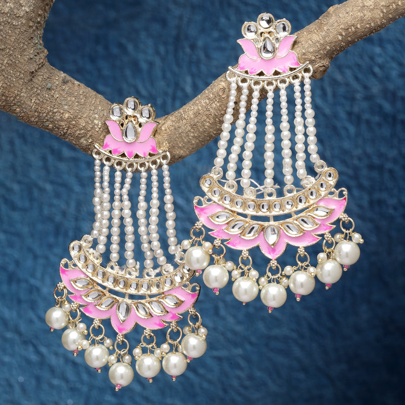 Gold-Plated White Pearls studded & Pink Enamelled Floral Shaped Drop Earrings