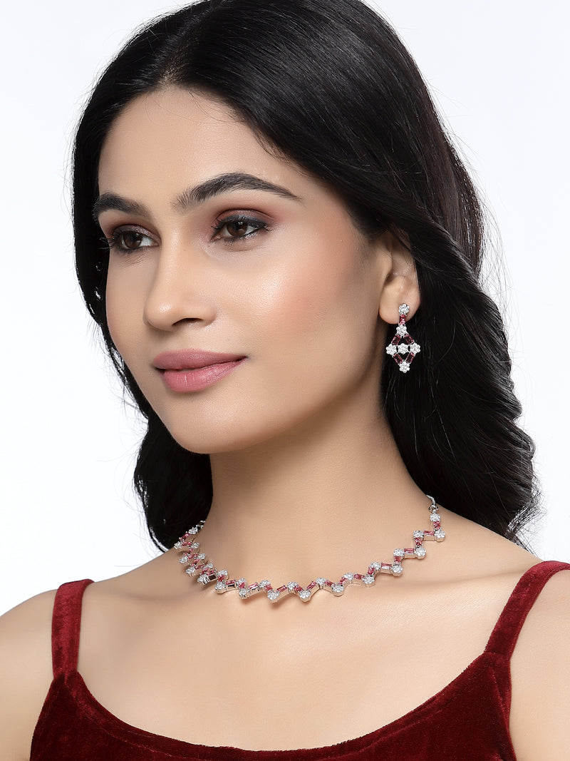 Rhodium-Plated Red American Diamond Studded Necklace With Earrings Jewellery Set