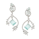 Rhodium-Plated Sea Green American Diamond studded Square & Leaf Shaped Drop Earrings