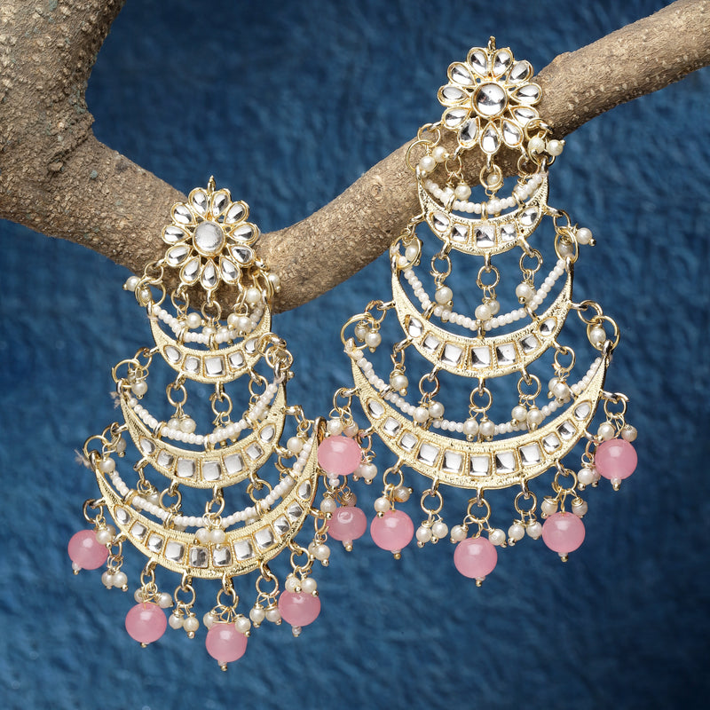 Gold-Plated Pink Pearls & Kundan studded Crescent Shaped Vilandi Drop Earrings