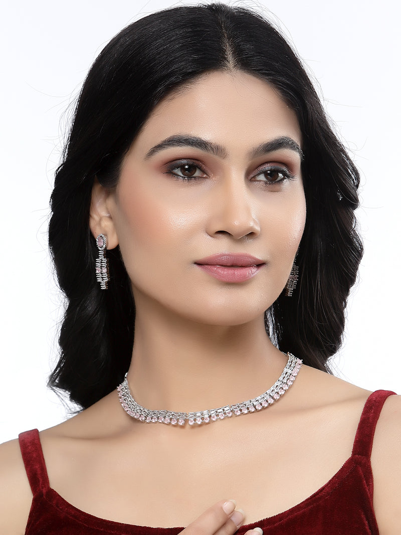 Rhodium-Plated Pink Round Shape American Diamonds Studded Necklace & Earrings Jewellery Set