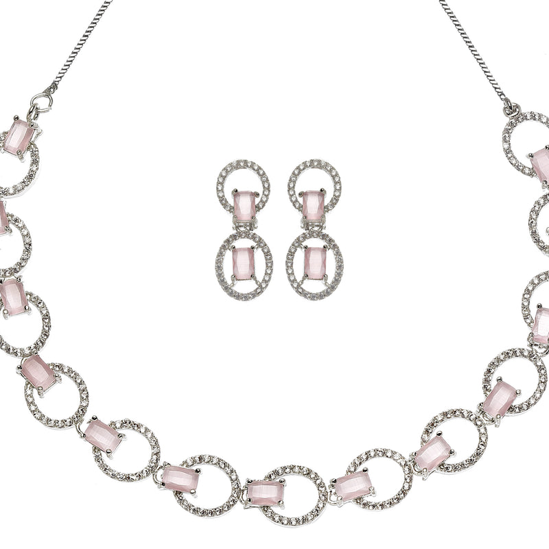 Rhodium-Plated Pink American Diamond Studded Disc-Shaped Necklace & Earrings Jewellery Set