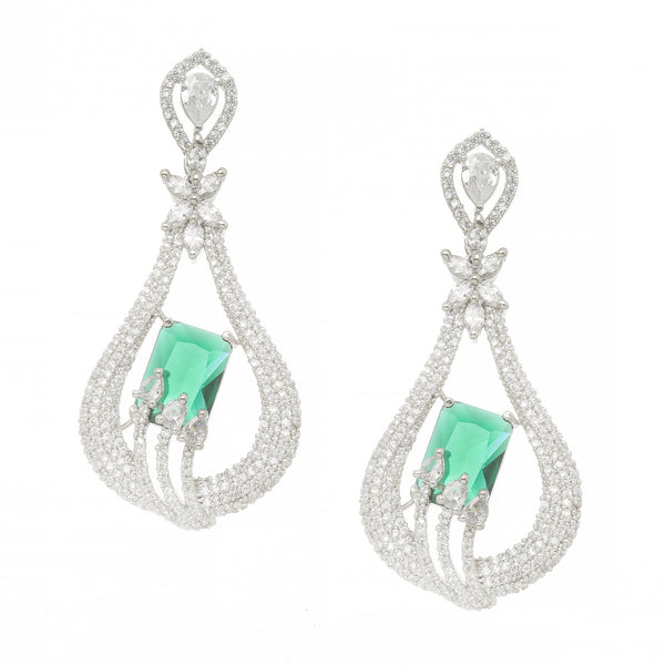 Rhodium-Plated Green American Diamond studded Handcrafted Quirky Shaped Drop Earrings