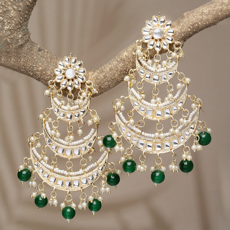 Gold-Plated Green Pearls & Kundan studded Crescent Shaped Vilandi Drop Earrings