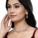 Rhodium-Plated Pink Round Shape American Diamonds Studded Necklace & Earrings Jewellery Set