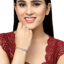 Rhodium-Plated Silver Toned Square Shaped Sea Green American Diamond Studded Bracelet