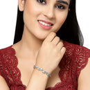 Rhodium-Plated Silver Toned Square Shaped Sea Green American Diamond Studded Bracelet