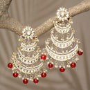 Gold-Plated Red Pearls & Kundan studded Crescent Shaped Vilandi Drop Earrings