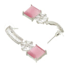 Rhodium-Plated Pink American Diamond studded Square & Floral Shaped Drop Earrings