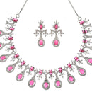 Rhodium-Plated Red American Diamond Studded Designer Necklace & Earrings Jewellery Set