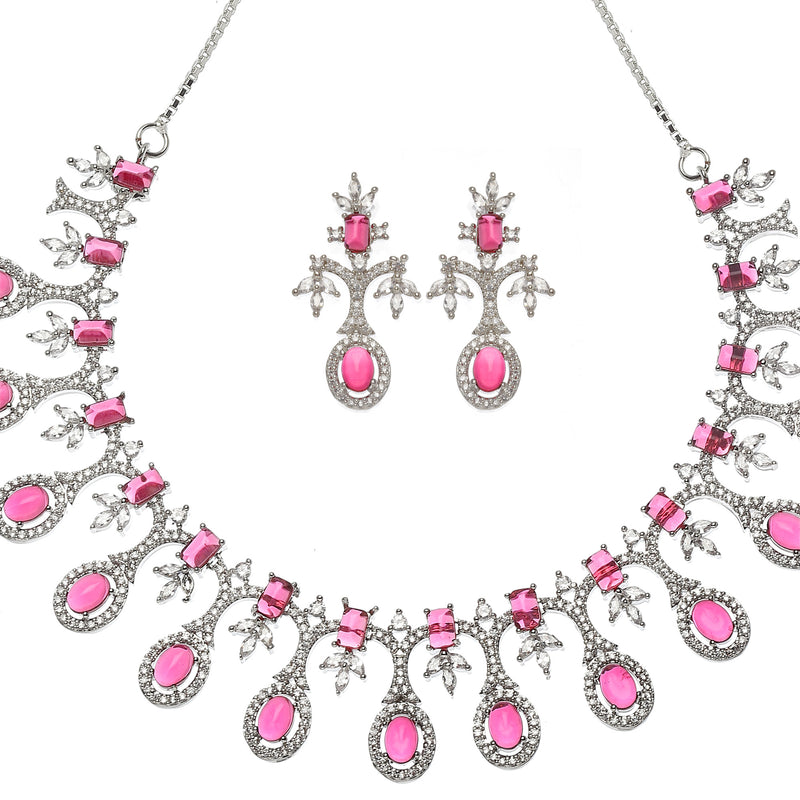 Rhodium-Plated Red American Diamond Studded Designer Necklace & Earrings Jewellery Set