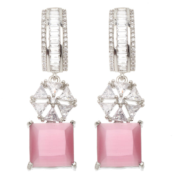 Rhodium-Plated Pink American Diamond studded Square & Floral Shaped Drop Earrings