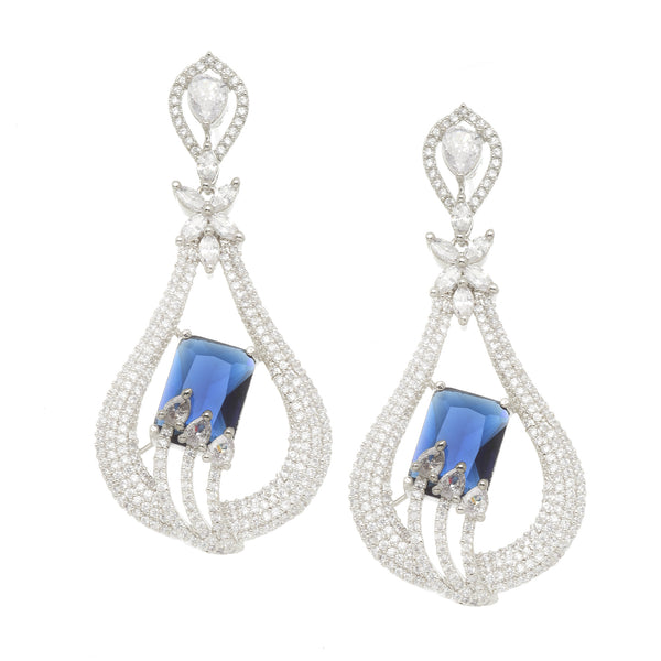 Rhodium-Plated Navy Blue American Diamond studded Handcrafted Quirky Shaped Drop Earrings