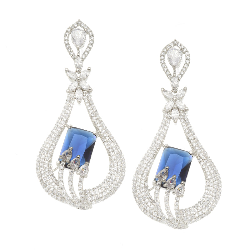 Rhodium-Plated Navy Blue American Diamond studded Handcrafted Quirky Shaped Drop Earrings
