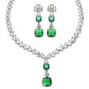 Rhodium-Plated Green Square American Diamonds Studded Pendulous Necklace & Earrings Jewellery Set