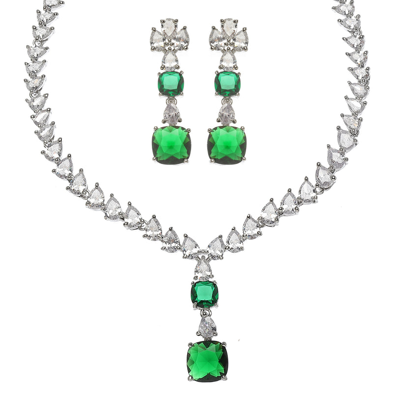 Rhodium-Plated Green Square American Diamonds Studded Pendulous Necklace & Earrings Jewellery Set