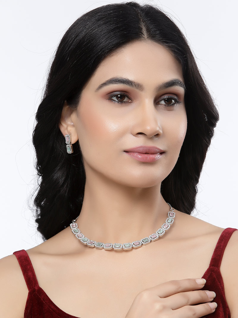 Rhodium-Plated Pink & Sea Green American Diamonds Studded Quadrate Shaped Necklace & Earrings Jewellery Set