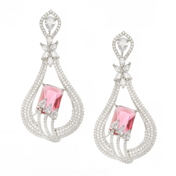 Rhodium-Plated Red American Diamond studded Handcrafted Quirky Shaped Drop Earrings