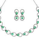 Rhodium-Plated Green American Diamond Studded Disc-Shaped Necklace & Earrings Jewellery Set