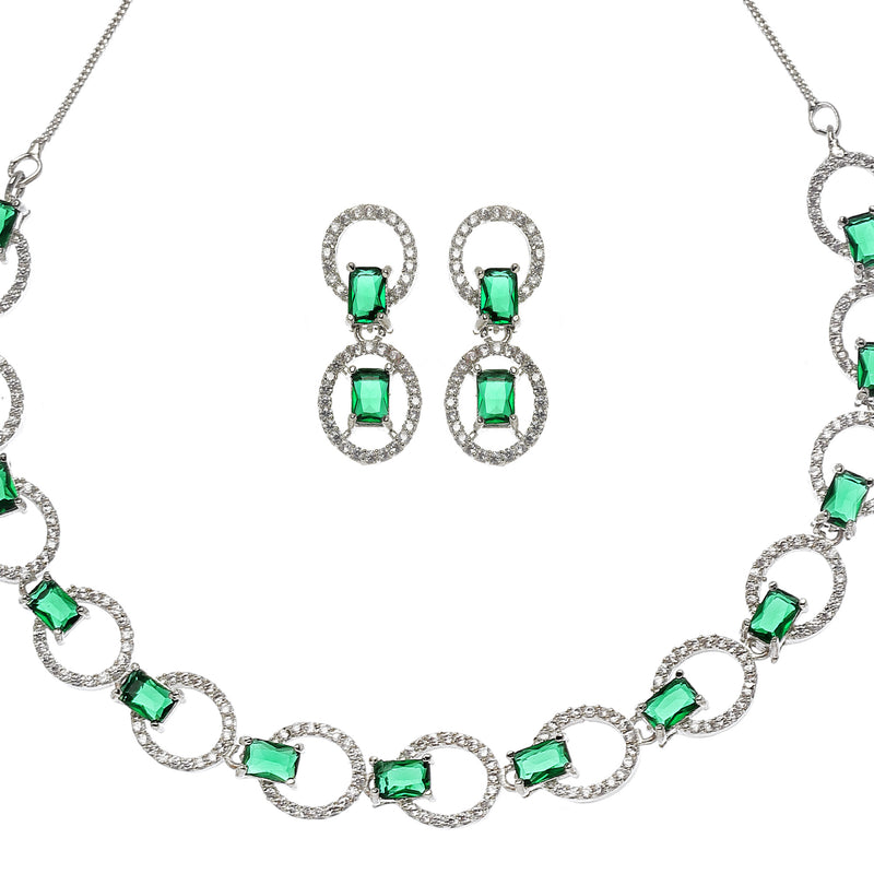 Rhodium-Plated Green American Diamond Studded Disc-Shaped Necklace & Earrings Jewellery Set