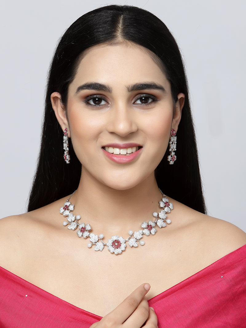 Rhodium-Plated Red Cubic Zirconia Studded Floral Theme Necklace & Earrings Jewellery Set