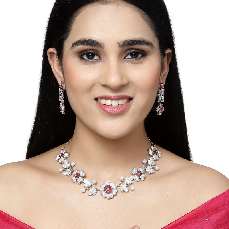 Rhodium-Plated Red Cubic Zirconia Studded Floral Theme Necklace & Earrings Jewellery Set