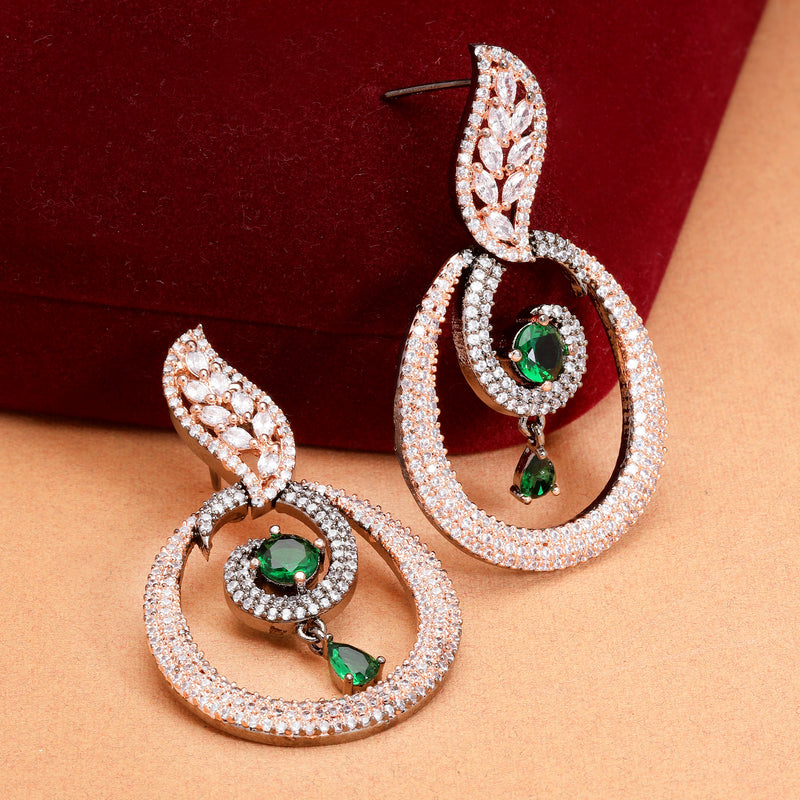 Rose Gold-Plated Gunmetal Toned Green American Diamond studded Oval Shaped Drop Earrings