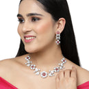 Rhodium-Plated Red Cubic Zirconia Studded Floral Theme Necklace & Earrings Jewellery Set
