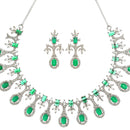 Rhodium-Plated Green American Diamond Studded Designer Necklace & Earrings Jewellery Set