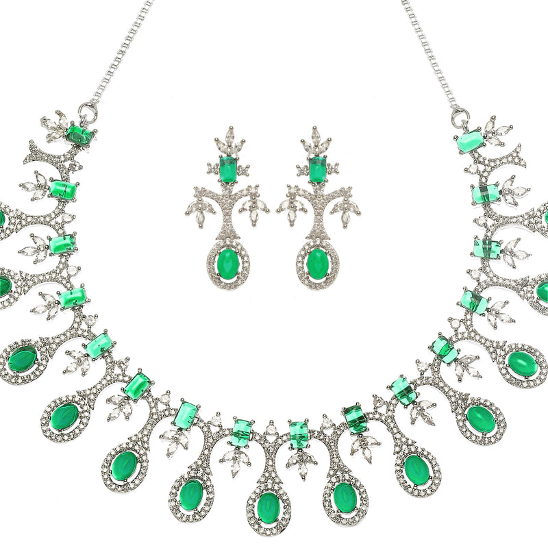 Rhodium-Plated Green American Diamond Studded Designer Necklace & Earrings Jewellery Set