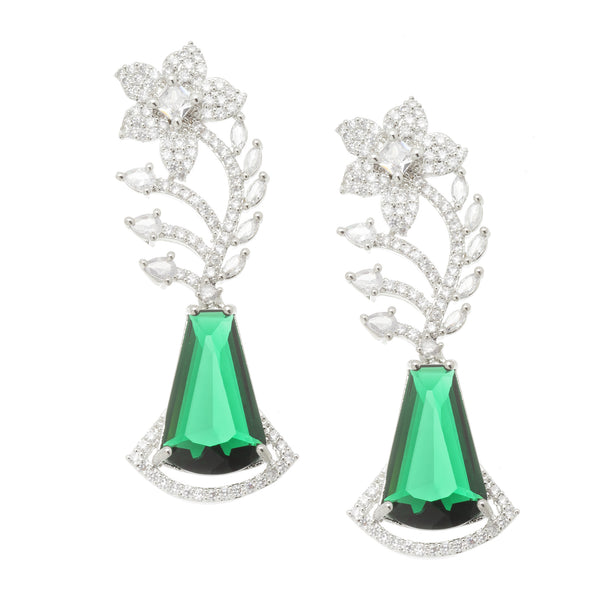 Rhodium-Plated Green & White American Diamond studded Floral Theme Drop Earrings
