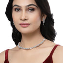 Rhodium-Plated Pink & Sea Green American Diamonds Studded Cubical Necklace & Earrings Jewellery Set