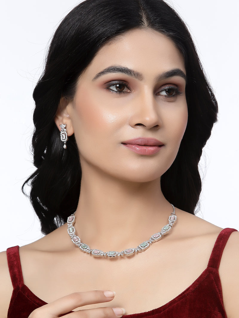 Rhodium-Plated Pink & Sea Green American Diamonds Studded Cubical Necklace & Earrings Jewellery Set